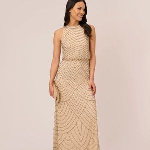 Adrianna Papell - ART DECO BEADED DRESS WITH HALTER NECKLINE IN CHAMPAGNE GOLD